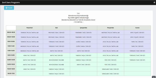 Sınıf Ders Programı - 2